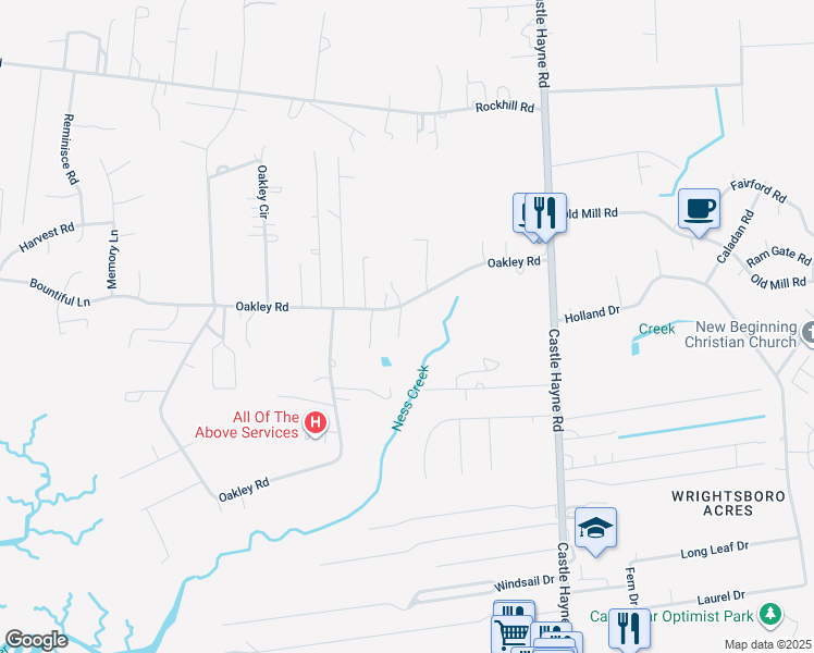 map of restaurants, bars, coffee shops, grocery stores, and more near 2422 Oakley Rd in Castle Hayne