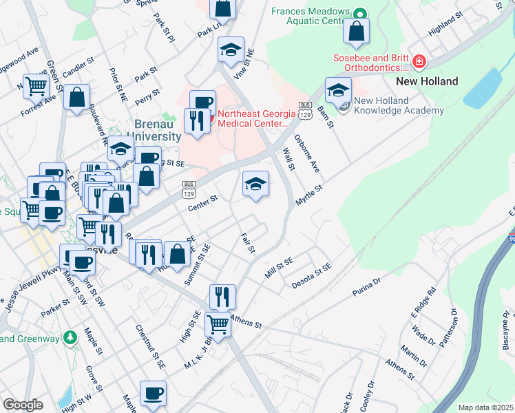 map of restaurants, bars, coffee shops, grocery stores, and more near 695 Fair Street in Gainesville