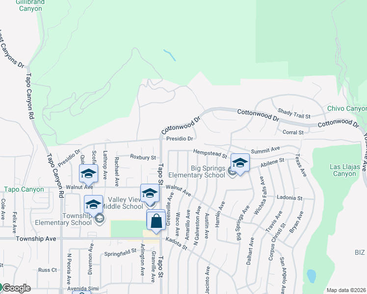 map of restaurants, bars, coffee shops, grocery stores, and more near 4478 Presidio Drive in Simi Valley