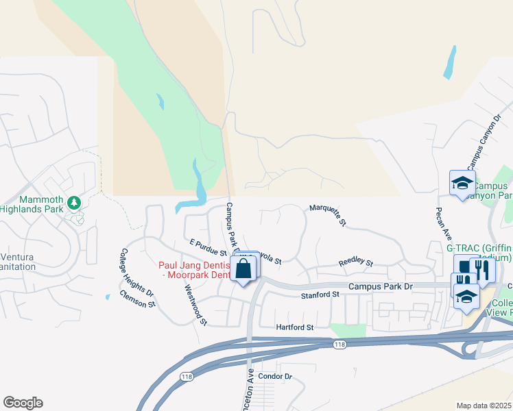 map of restaurants, bars, coffee shops, grocery stores, and more near 14597 Marymount Street in Moorpark