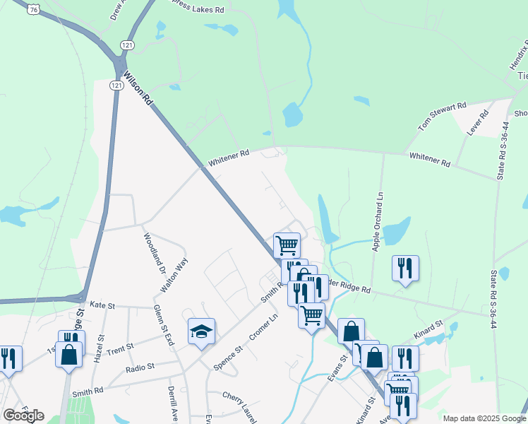 map of restaurants, bars, coffee shops, grocery stores, and more near 2206 Wilson Road in Newberry