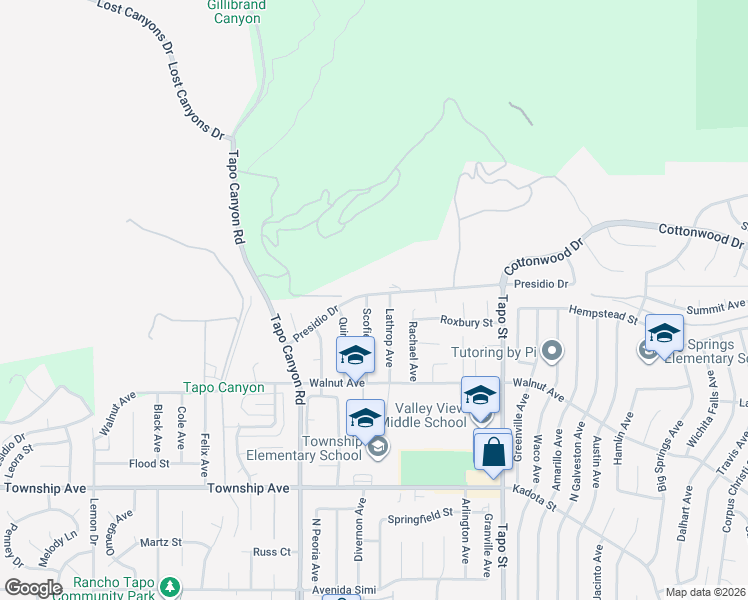 map of restaurants, bars, coffee shops, grocery stores, and more near 3598 Scofield Avenue in Simi Valley