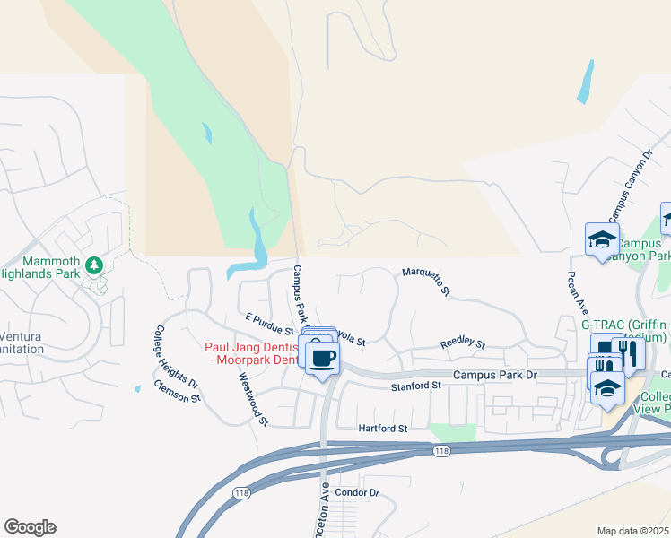 map of restaurants, bars, coffee shops, grocery stores, and more near 14603 Marymount Street in Moorpark