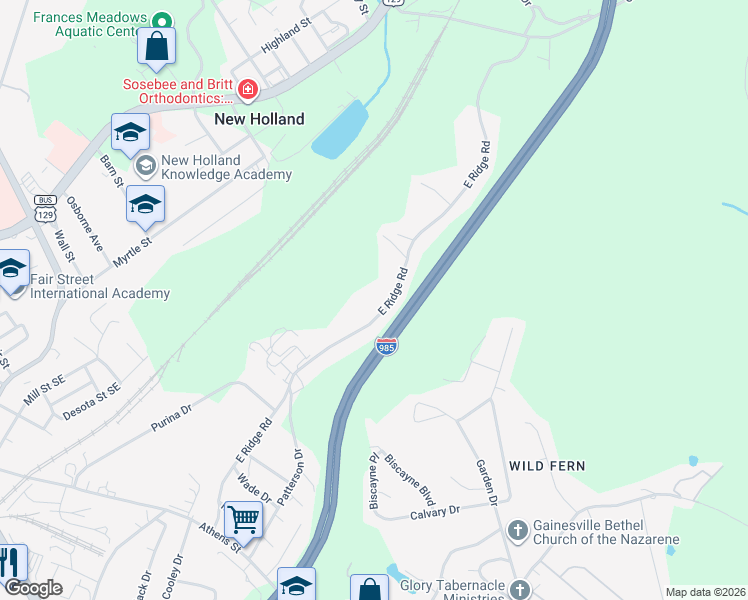 map of restaurants, bars, coffee shops, grocery stores, and more near 1195 East Ridge Road in Gainesville