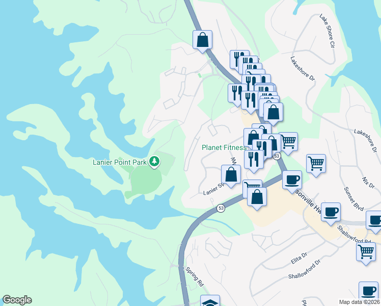 map of restaurants, bars, coffee shops, grocery stores, and more near 1465 Bluff Valley Circle in Gainesville