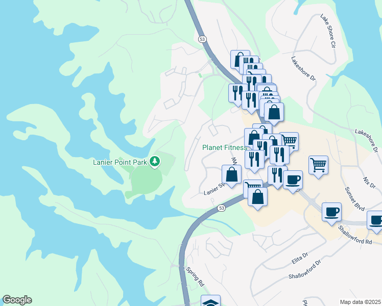 map of restaurants, bars, coffee shops, grocery stores, and more near 1465 Bluff Valley Circle in Gainesville
