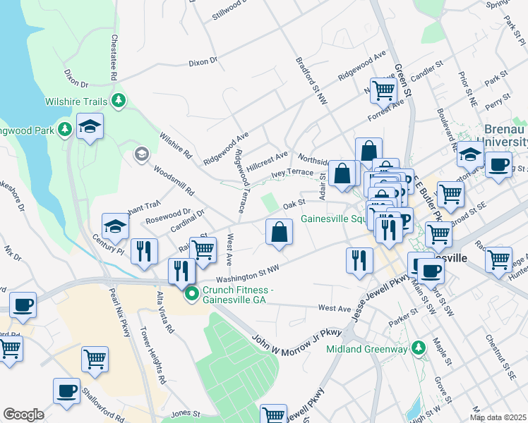 map of restaurants, bars, coffee shops, grocery stores, and more near 706 Oak Street in Gainesville