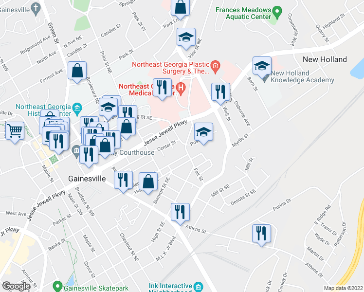 map of restaurants, bars, coffee shops, grocery stores, and more near 548 Fair Street in Gainesville
