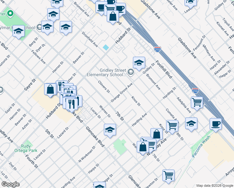 map of restaurants, bars, coffee shops, grocery stores, and more near 1065 Orange Grove Avenue in San Fernando