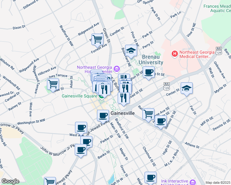 map of restaurants, bars, coffee shops, grocery stores, and more near 111 Green Street Southeast in Gainesville