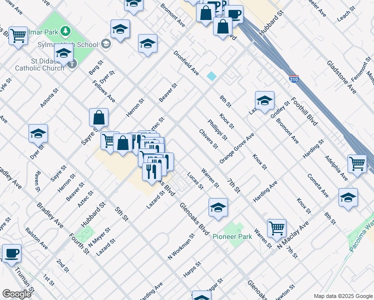 map of restaurants, bars, coffee shops, grocery stores, and more near 2013 Warren Street in San Fernando