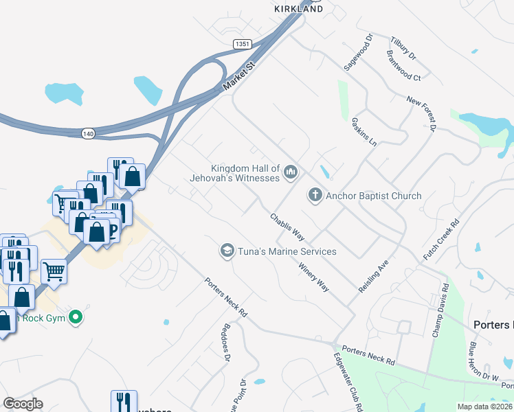 map of restaurants, bars, coffee shops, grocery stores, and more near 8413-8417 Yearling Lane in Wilmington