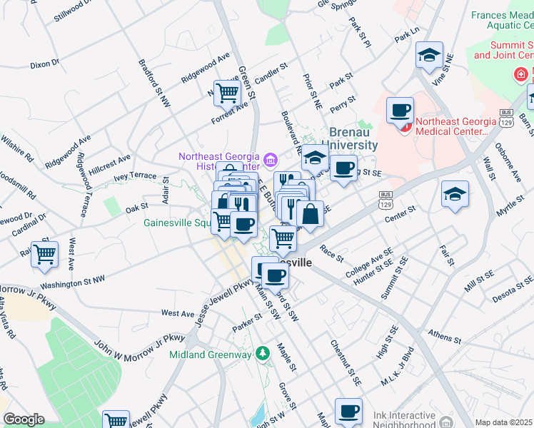 map of restaurants, bars, coffee shops, grocery stores, and more near 111 Green Street Southeast in Gainesville