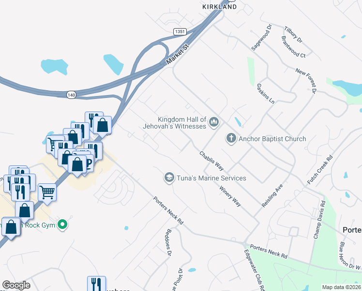 map of restaurants, bars, coffee shops, grocery stores, and more near 8413 Yearling Lane in Wilmington