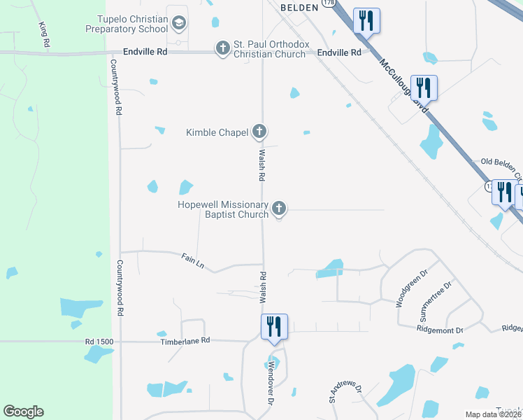 map of restaurants, bars, coffee shops, grocery stores, and more near 2997 Walsh Road in Tupelo