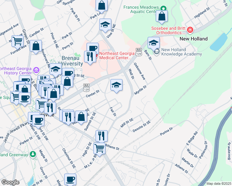 map of restaurants, bars, coffee shops, grocery stores, and more near 695 Fair Street in Gainesville