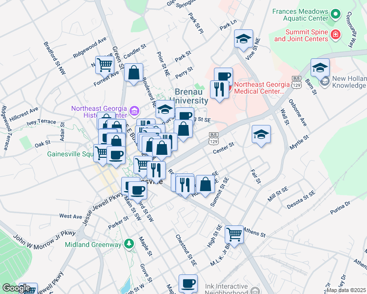 map of restaurants, bars, coffee shops, grocery stores, and more near 535 Jesse Jewell Parkway Southeast in Gainesville