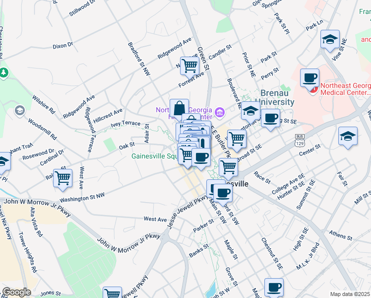 map of restaurants, bars, coffee shops, grocery stores, and more near 131 Bradford Street Northwest in Gainesville