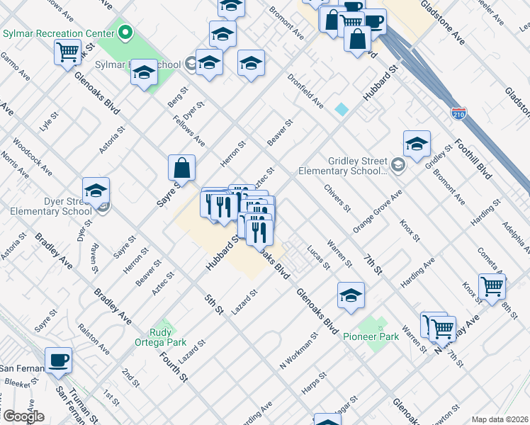 map of restaurants, bars, coffee shops, grocery stores, and more near Hubbard Street in Los Angeles