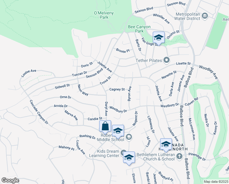 map of restaurants, bars, coffee shops, grocery stores, and more near 17336 Cagney Street in Los Angeles