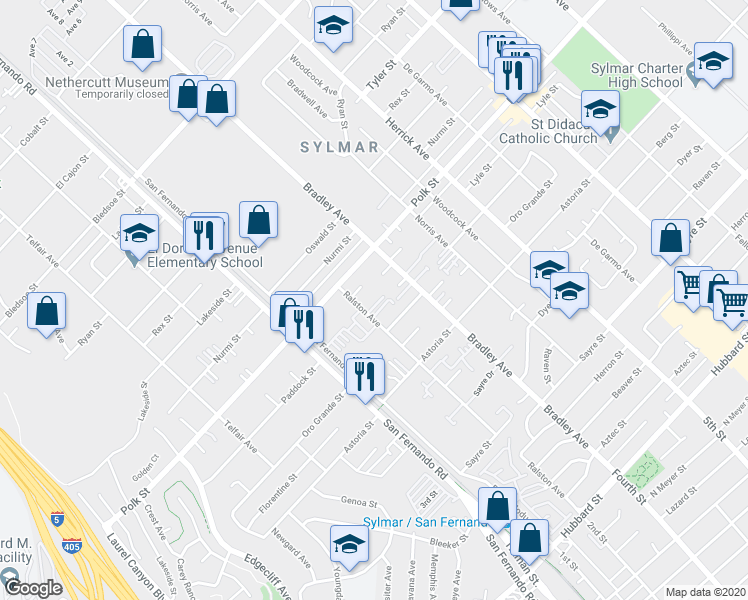 map of restaurants, bars, coffee shops, grocery stores, and more near 12715 Bradley Avenue in Los Angeles