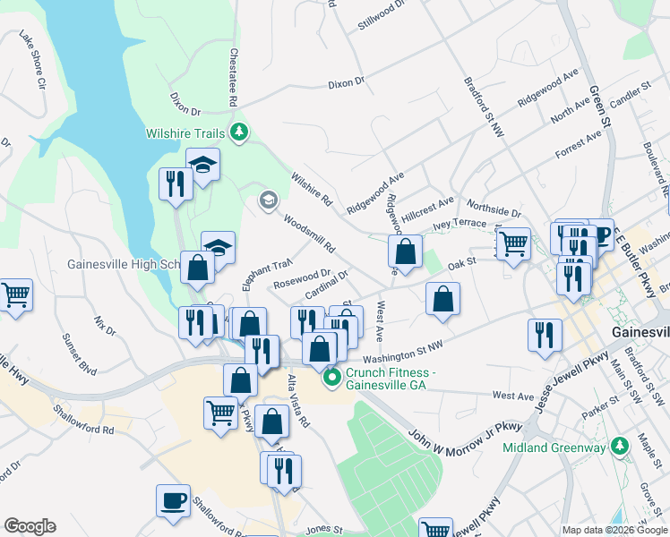 map of restaurants, bars, coffee shops, grocery stores, and more near 910 Rosewood Drive in Gainesville