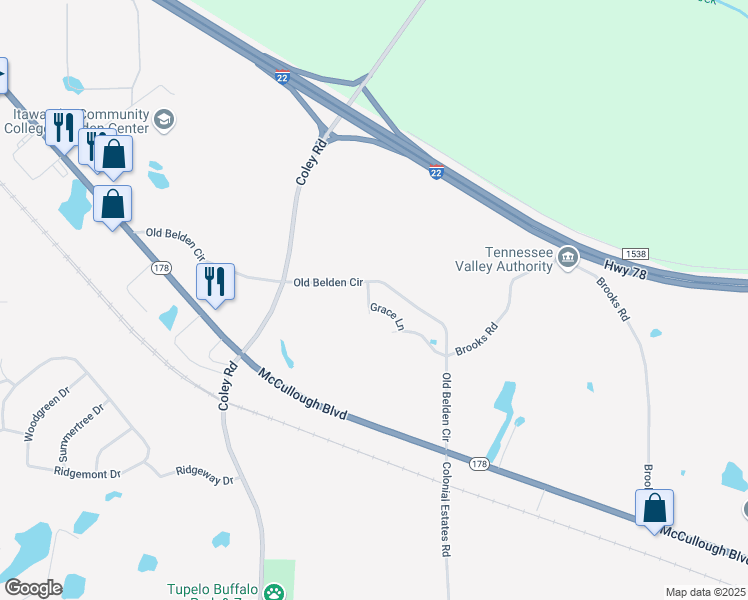 map of restaurants, bars, coffee shops, grocery stores, and more near 2999 Old Belden Circle in Tupelo