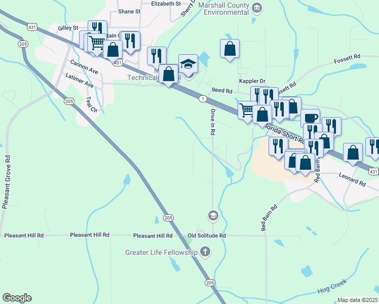 map of restaurants, bars, coffee shops, grocery stores, and more near 144 Skyhawk Drive in Guntersville