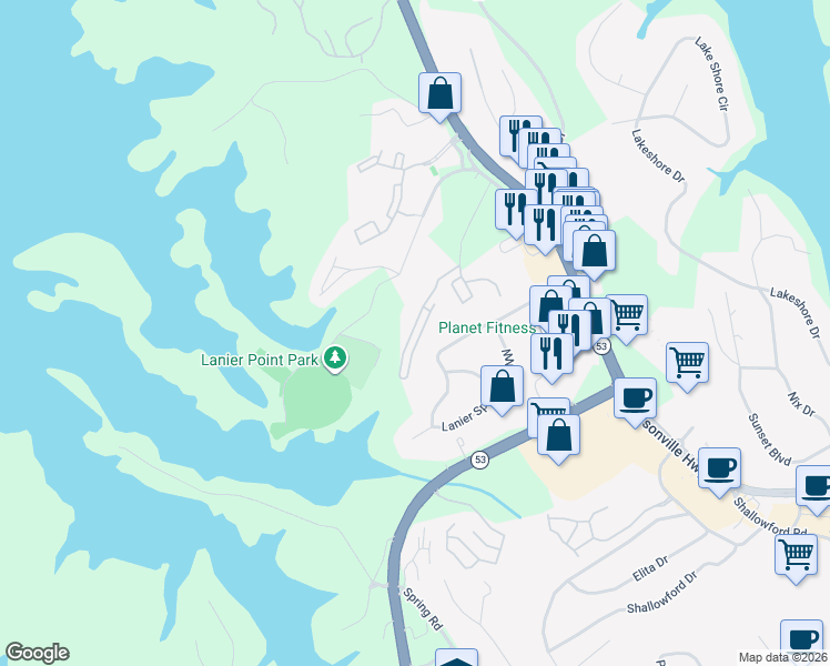 map of restaurants, bars, coffee shops, grocery stores, and more near 1457 Bluff Valley Cir in Gainesville