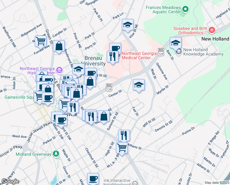 map of restaurants, bars, coffee shops, grocery stores, and more near 502 Boone Street Southeast in Gainesville