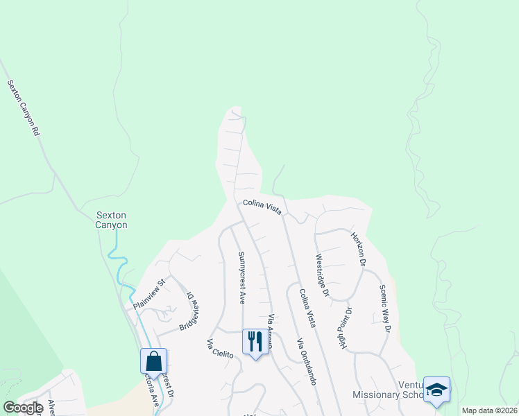 map of restaurants, bars, coffee shops, grocery stores, and more near 1249 Colina Vista in Ventura
