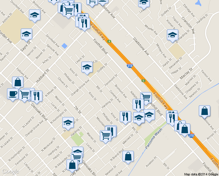 map of restaurants, bars, coffee shops, grocery stores, and more near 12666 Cometa Avenue in San Fernando