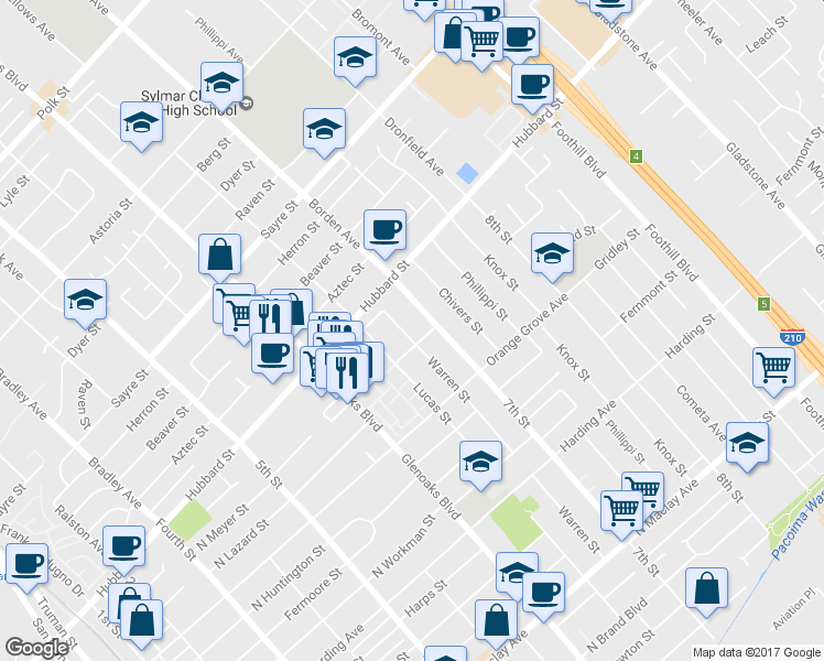 map of restaurants, bars, coffee shops, grocery stores, and more near 2013 Warren Street in San Fernando
