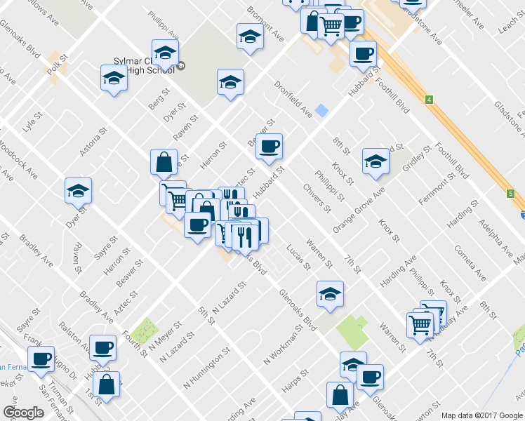 map of restaurants, bars, coffee shops, grocery stores, and more near 2041 Lucas Street in San Fernando