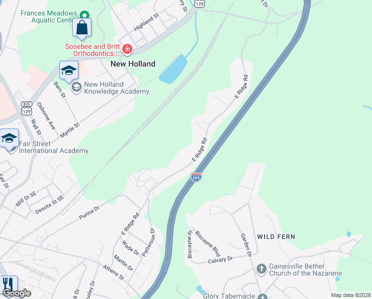 map of restaurants, bars, coffee shops, grocery stores, and more near 1179 East Ridge Road in Gainesville