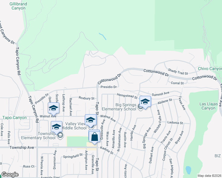 map of restaurants, bars, coffee shops, grocery stores, and more near 4478 Presidio Drive in Simi Valley
