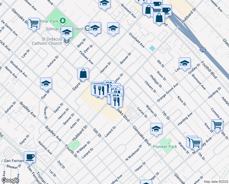 map of restaurants, bars, coffee shops, grocery stores, and more near 14023 Hubbard Street in Los Angeles