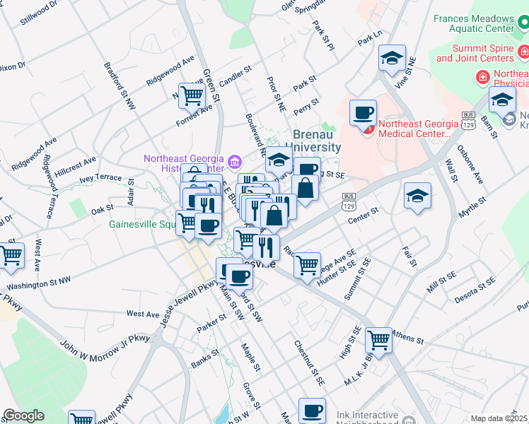 map of restaurants, bars, coffee shops, grocery stores, and more near 404 Spring Street Southeast in Gainesville