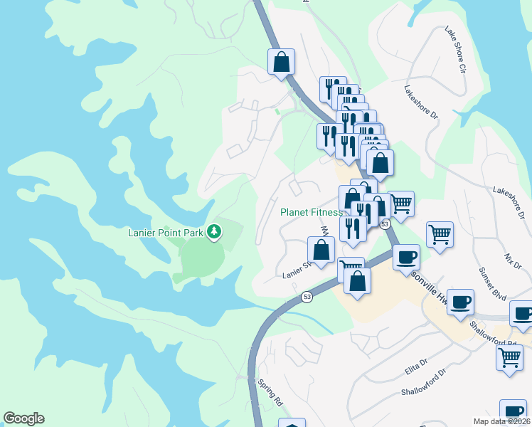 map of restaurants, bars, coffee shops, grocery stores, and more near 1455 Bluff Valley Circle in Gainesville