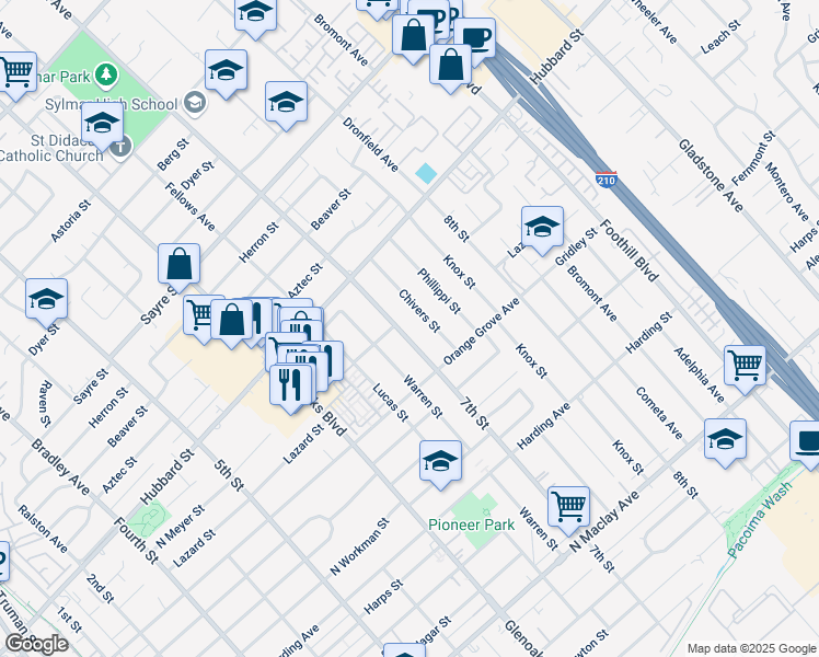 map of restaurants, bars, coffee shops, grocery stores, and more near 1957 7th Street in San Fernando