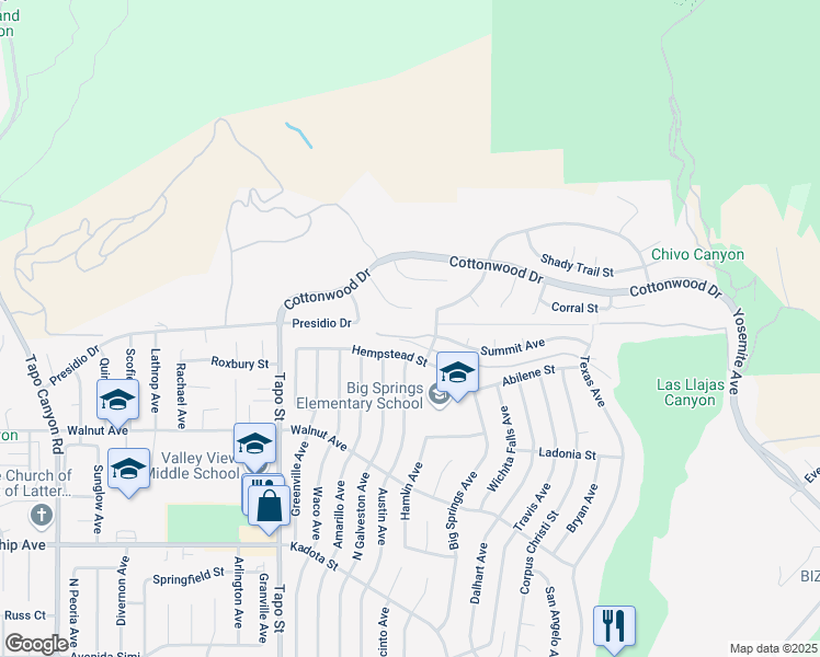 map of restaurants, bars, coffee shops, grocery stores, and more near 4679 Summit Avenue in Simi Valley