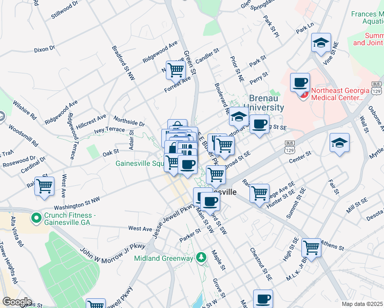 map of restaurants, bars, coffee shops, grocery stores, and more near 109 Green Street Northeast in Gainesville