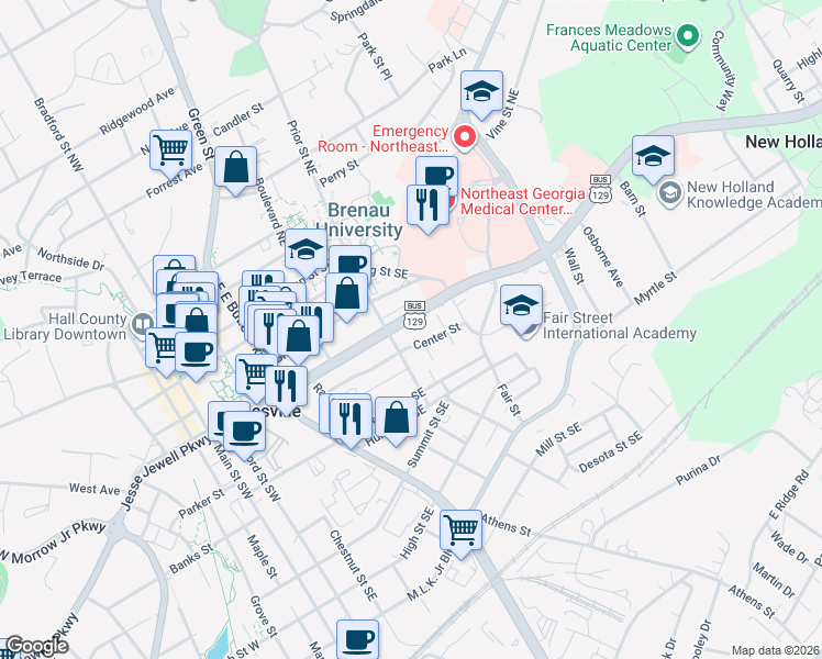 map of restaurants, bars, coffee shops, grocery stores, and more near 710 Jesse Jewell Parkway Southeast in Gainesville