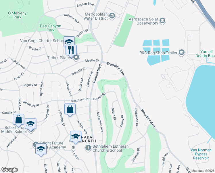 map of restaurants, bars, coffee shops, grocery stores, and more near 16857 Colven Road in Los Angeles