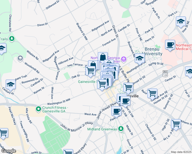 map of restaurants, bars, coffee shops, grocery stores, and more near 4476 Mill Oak Way in Gainesville