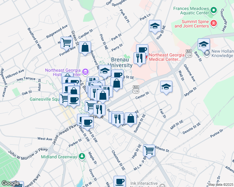 map of restaurants, bars, coffee shops, grocery stores, and more near 535 Jesse Jewell Parkway Southeast in Gainesville