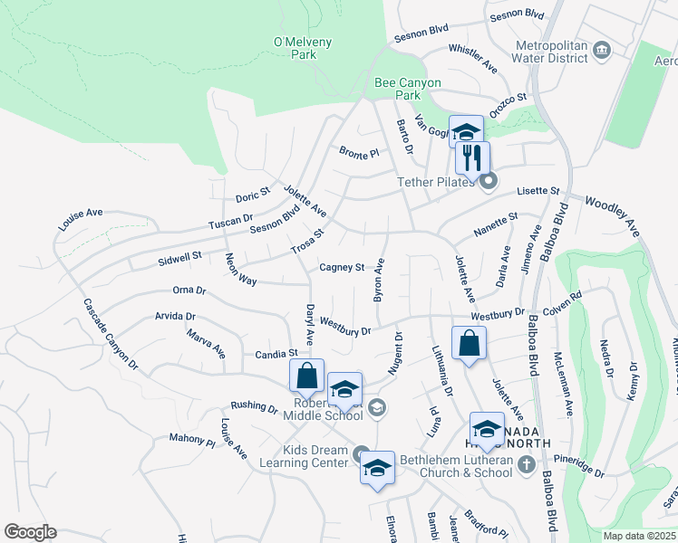 map of restaurants, bars, coffee shops, grocery stores, and more near 17336 Cagney Street in Los Angeles