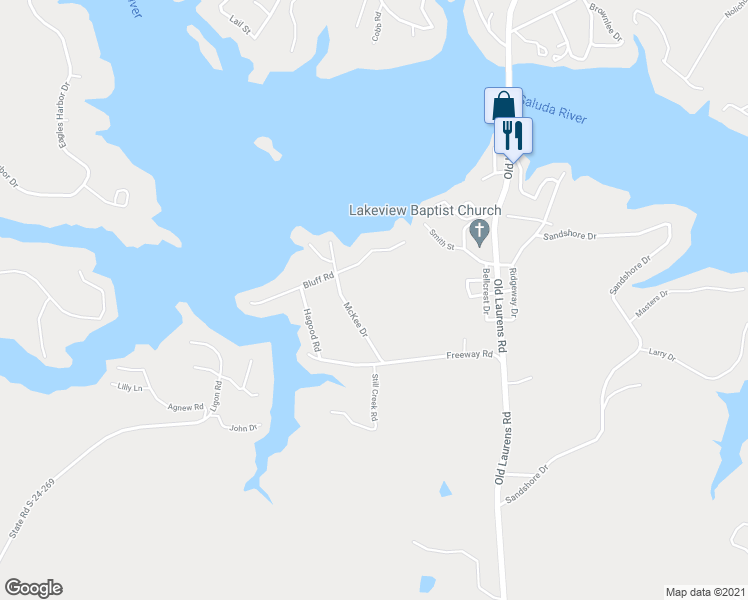 map of restaurants, bars, coffee shops, grocery stores, and more near 120 McKee Drive in Greenwood