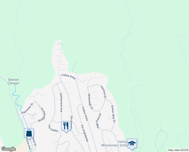 map of restaurants, bars, coffee shops, grocery stores, and more near 1217 Westridge Drive in Ventura