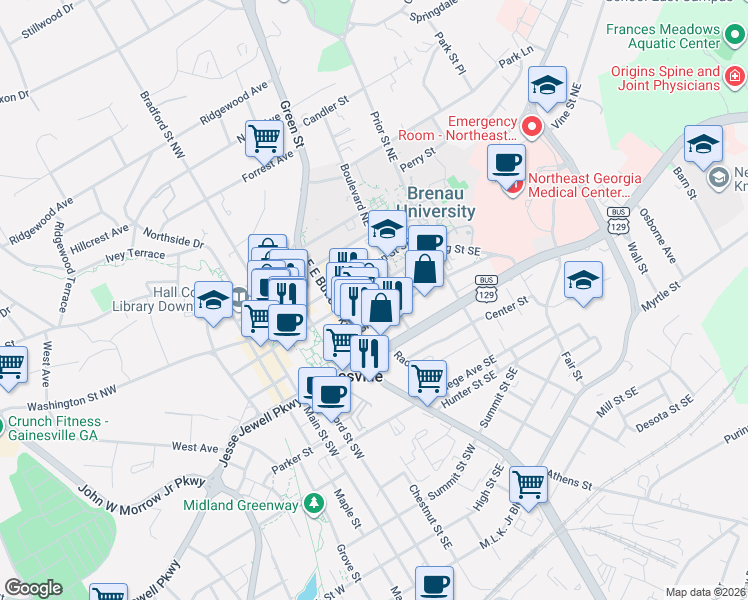 map of restaurants, bars, coffee shops, grocery stores, and more near 412 Spring Street Southeast in Gainesville